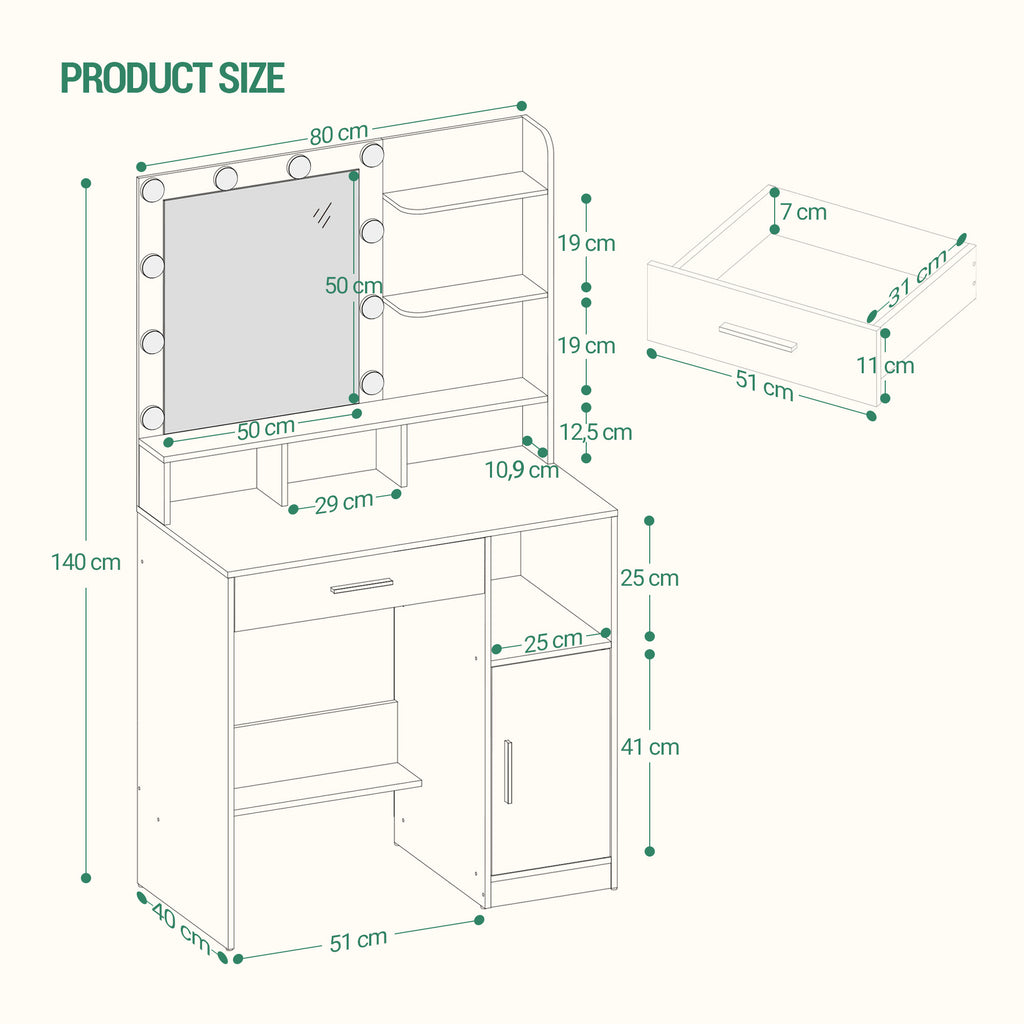 Hzuaneri Dressing Table with 10 LED Lights & Mirror, Large Storage Drawer & Cabinet, 3 Color Modes Vanity Desk