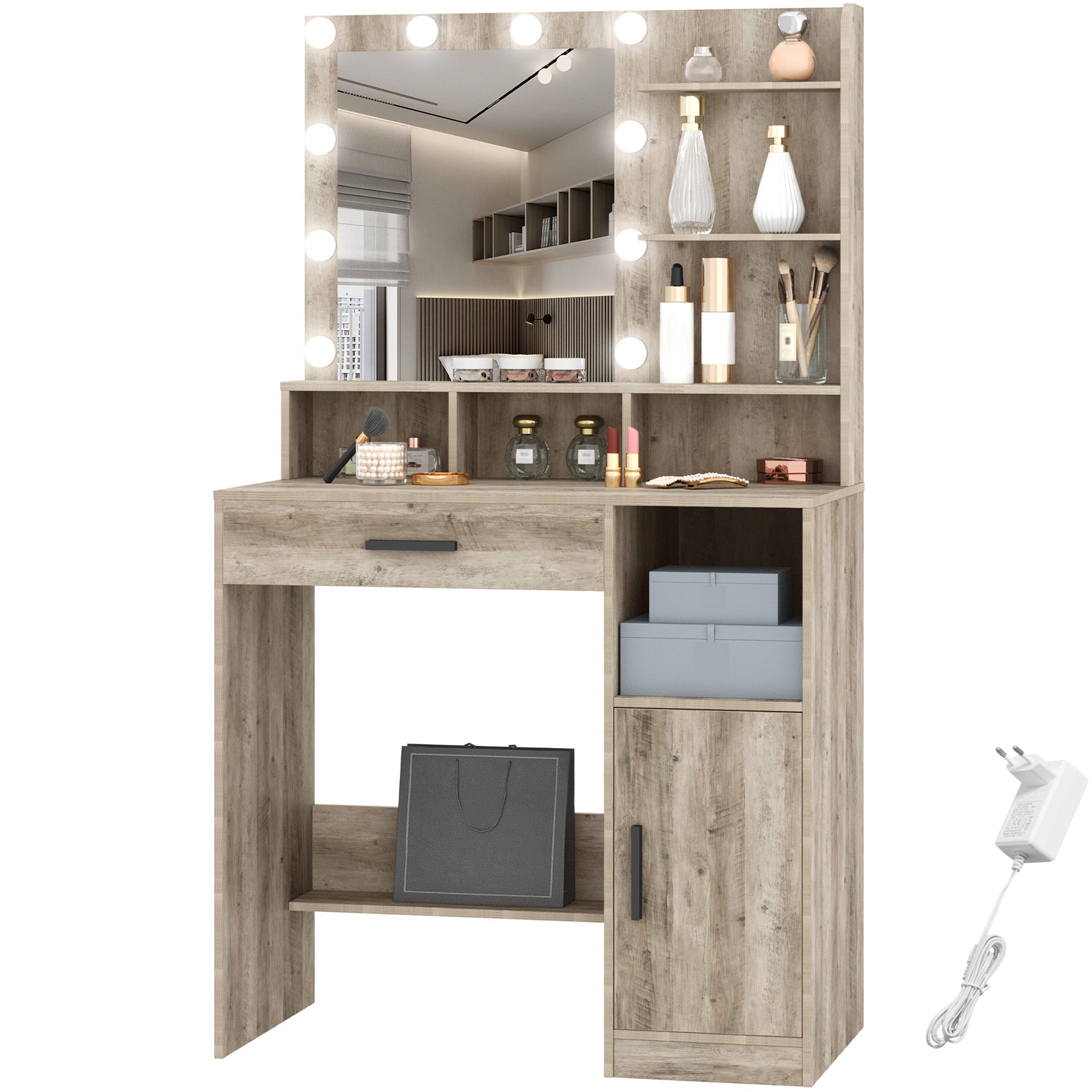 Hzuaneri Dressing Table with 10 LED Lights & Mirror, Large Storage Drawer & Cabinet, 3 Color Modes Vanity Desk