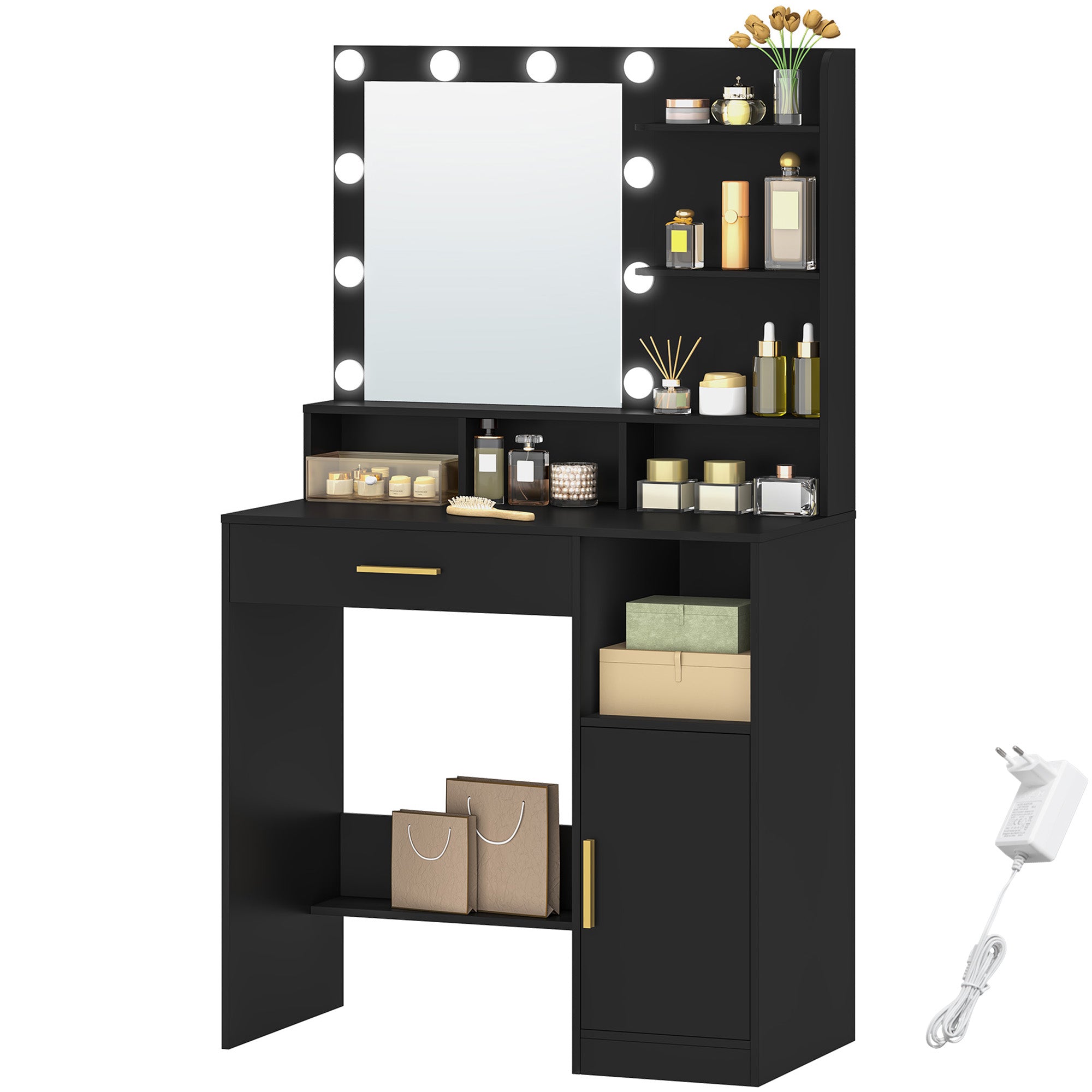 Hzuaneri Dressing Table with 10 LED Lights & Mirror, Large Storage Drawer & Cabinet, 3 Color Modes Vanity Desk