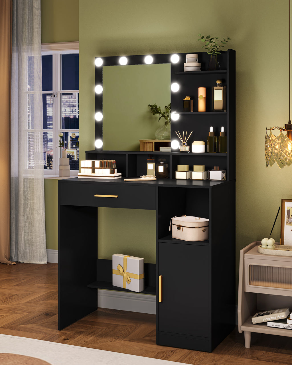 Hzuaneri Dressing Table with 10 LED Lights & Mirror, Large Storage Drawer & Cabinet, 3 Color Modes Vanity Desk
