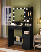 Hzuaneri Dressing Table with 10 LED Lights & Mirror, Large Storage Drawer & Cabinet, 3 Color Modes Vanity Desk