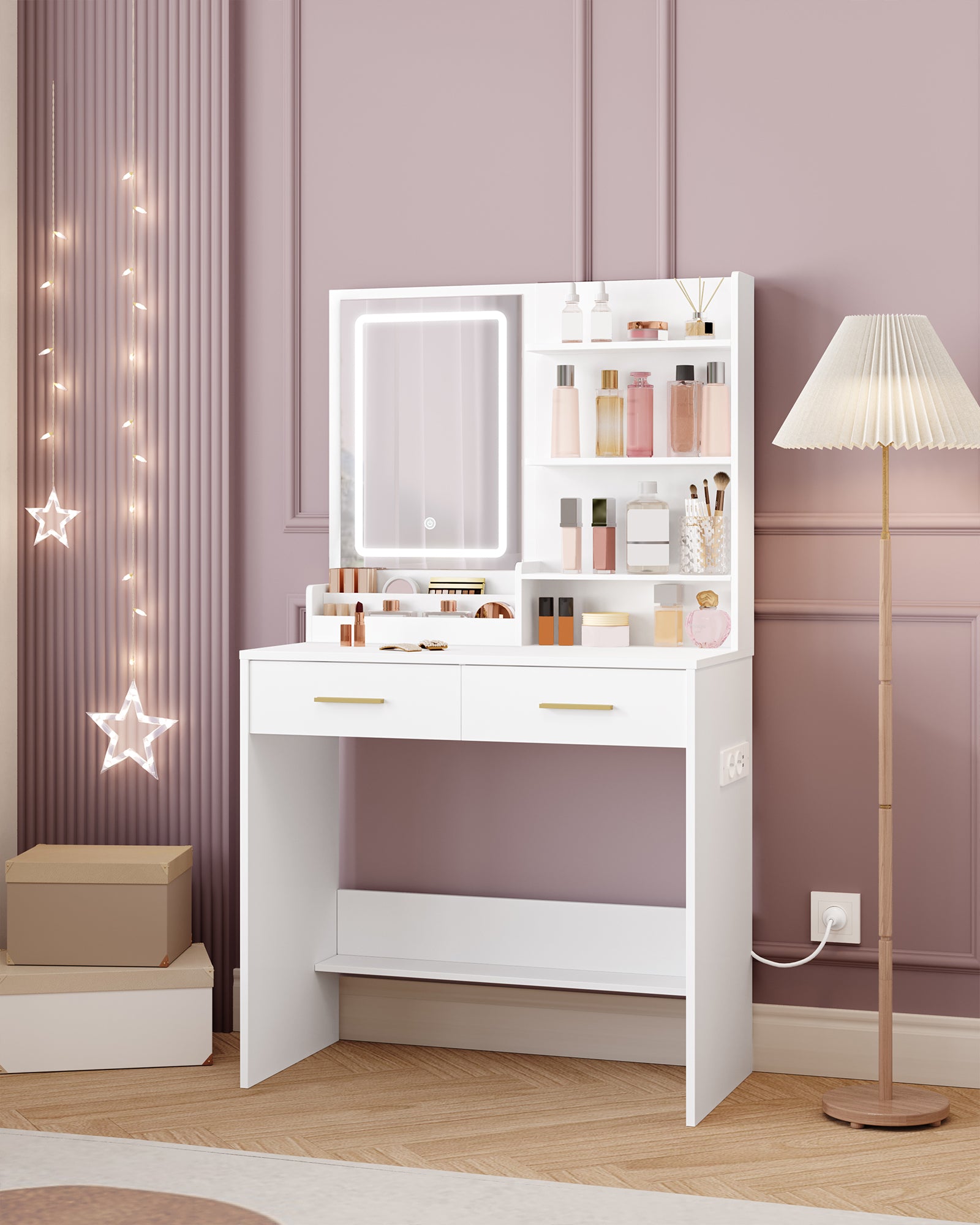 Hzuaneri Dressing Table with LED Light, 2 AC Outlets and 2 USB, with 2 Drawers and 4 Open Compartments, Storage Compartment, for Bedroom, Living Room, Bathroom, Modern Style, White VT32003X