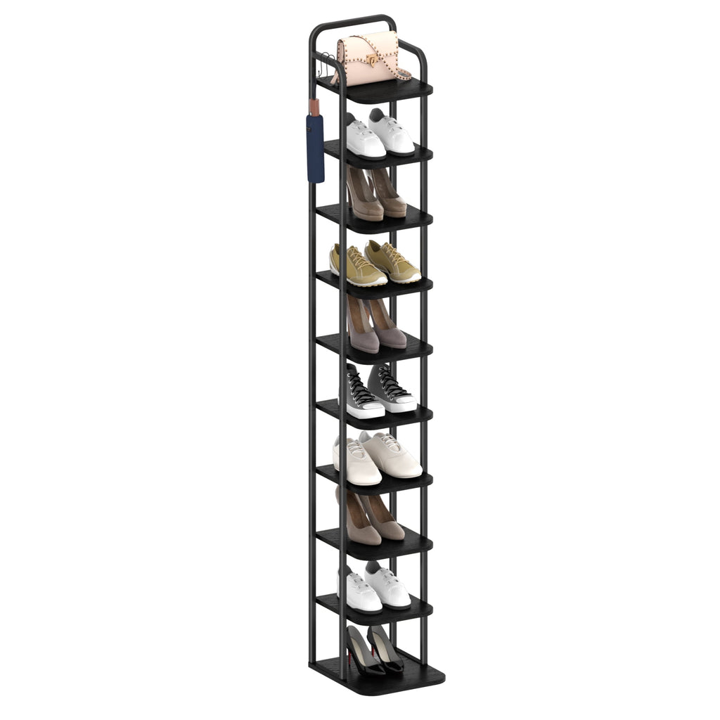 Hzuaneri 10-Tier Vertical Shoe Rack, Tall Shoe Organizer with 2 Hooks, Wooden Shoe Tower for Entryway, Hallway, Closet Space Saving, Free Standing, Black