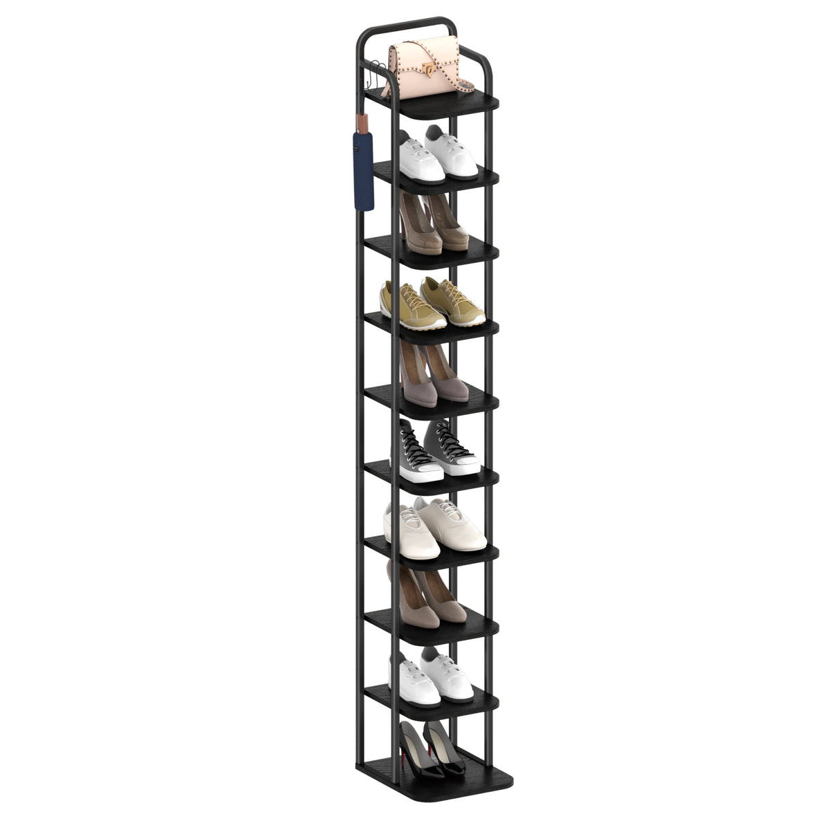 Hzuaneri 10-Tier Vertical Shoe Rack, Tall Shoe Organizer with 2 Hooks, Wooden Shoe Tower for Entryway, Hallway, Closet Space Saving, Free Standing, Black