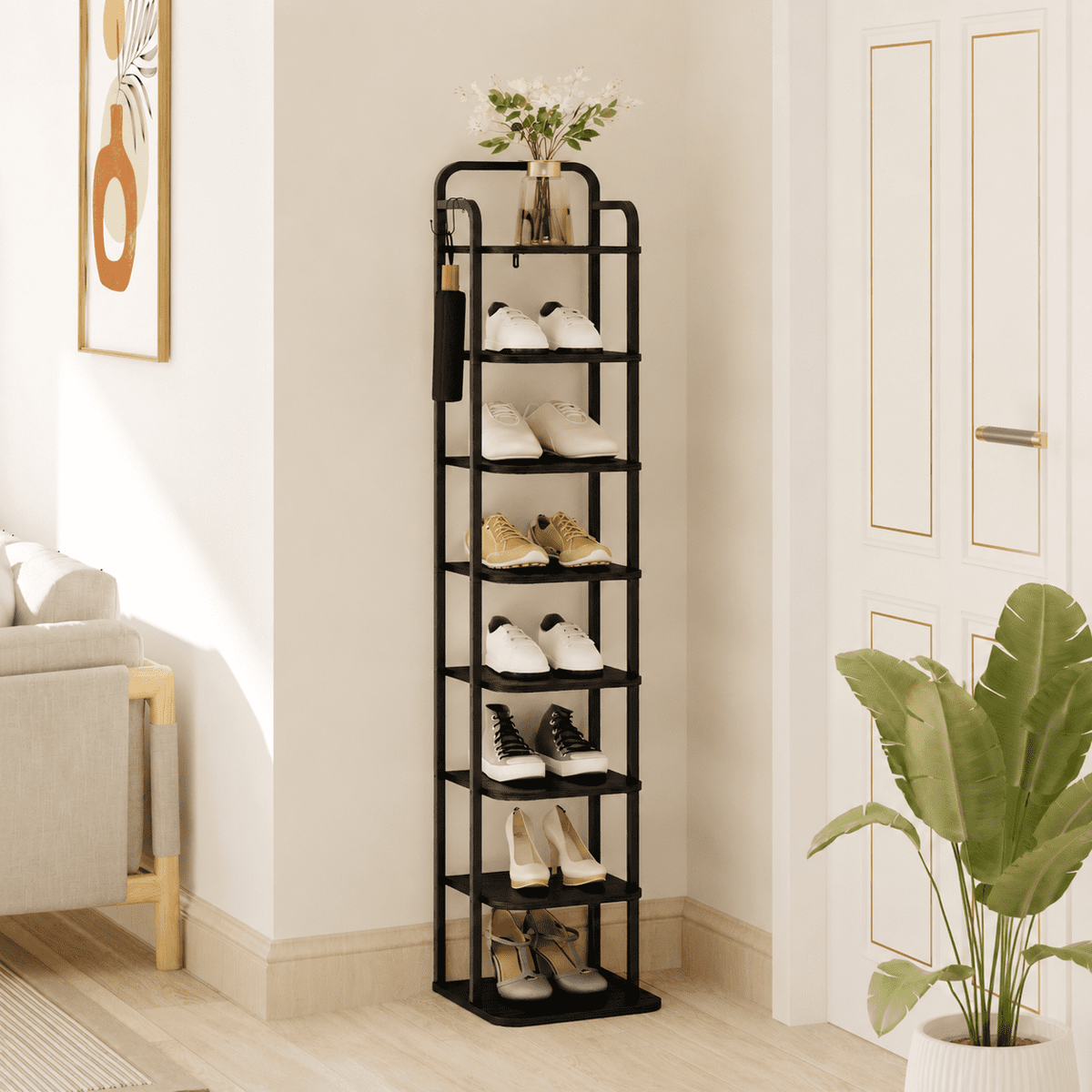 Hzuaneri Vertical Shoe Rack, 8-Tier Narrow Shoe Shelf, Shoe Tower with 2 Hooks, for Small Space, Closet, Entryway, Hallway, Bedroom, Black