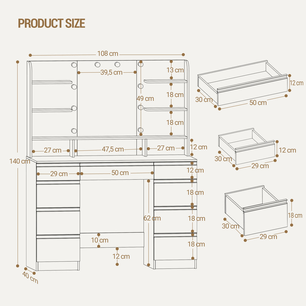 Hzuaneri Large Dressing Table with 10 LED Lights & Mirror, 9 Drawers, 9 Shelves, 3 Colors