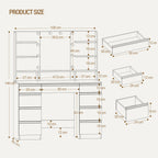 Hzuaneri Large Dressing Table with 10 LED Lights & Mirror, 9 Drawers, 9 Shelves, 3 Colors