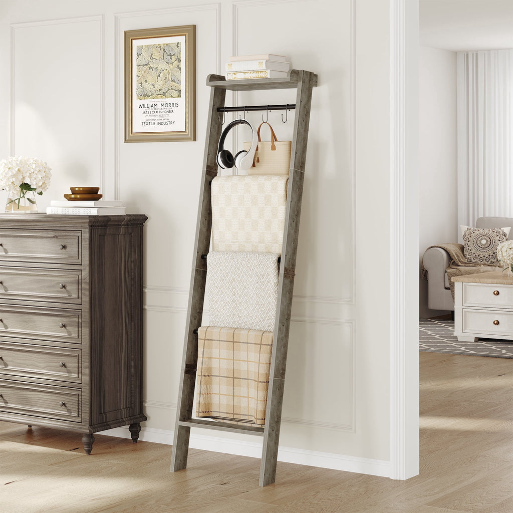 Wooden Blanket Ladder with 4 Hooks, 63.4" H 6-Tier Farmhouse Ladder Holder Organizer, for Living Room, Bedroom, Balcony - Greige