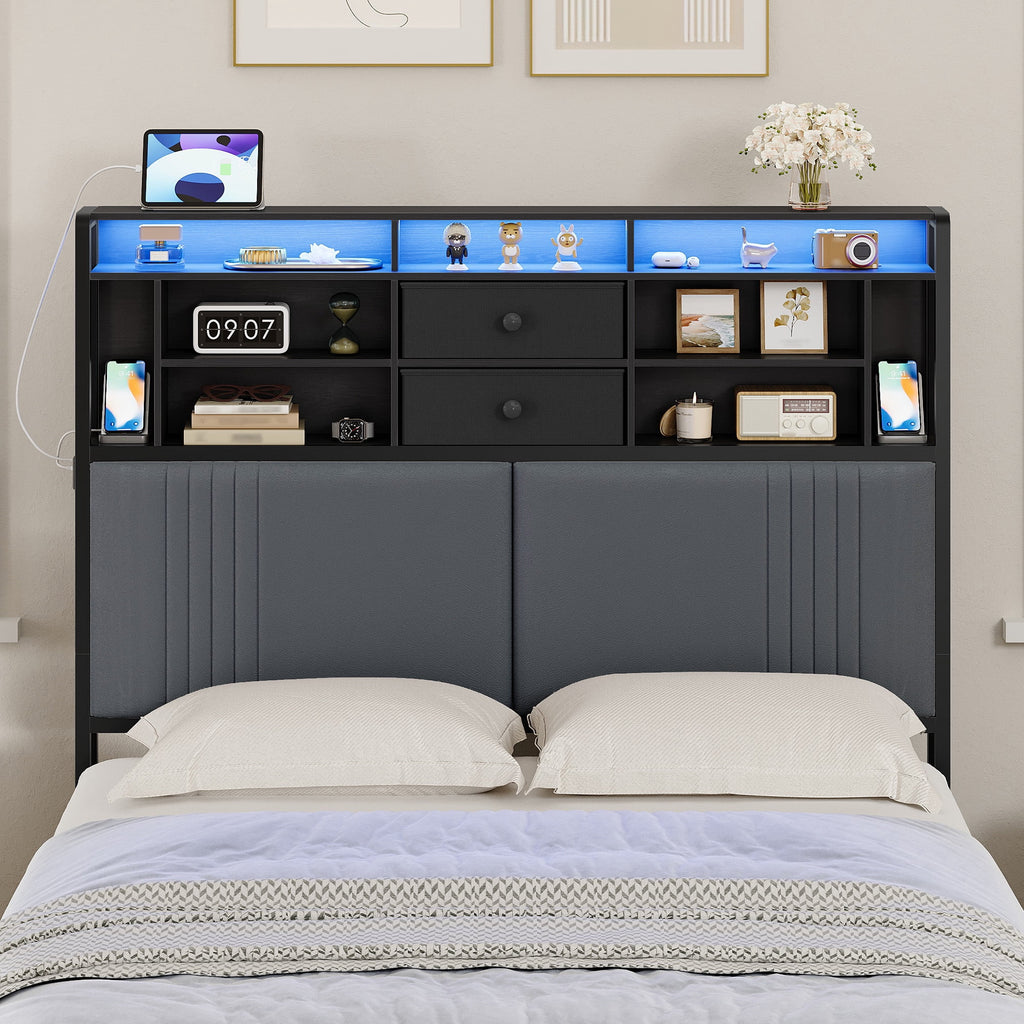 Headboard with 3-Tier Storage Shelves, Velvet Upholstered Headboard with Outlet, 2 USB Ports & LED Light, Headboards Full Size Bed with Two Fabric Drawers, Black and Dark Gray