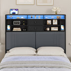 Headboard with 3-Tier Storage Shelves, Velvet Upholstered Headboard with Outlet, 2 USB Ports & LED Light, Headboards Full Size Bed with Two Fabric Drawers, Black and Dark Gray