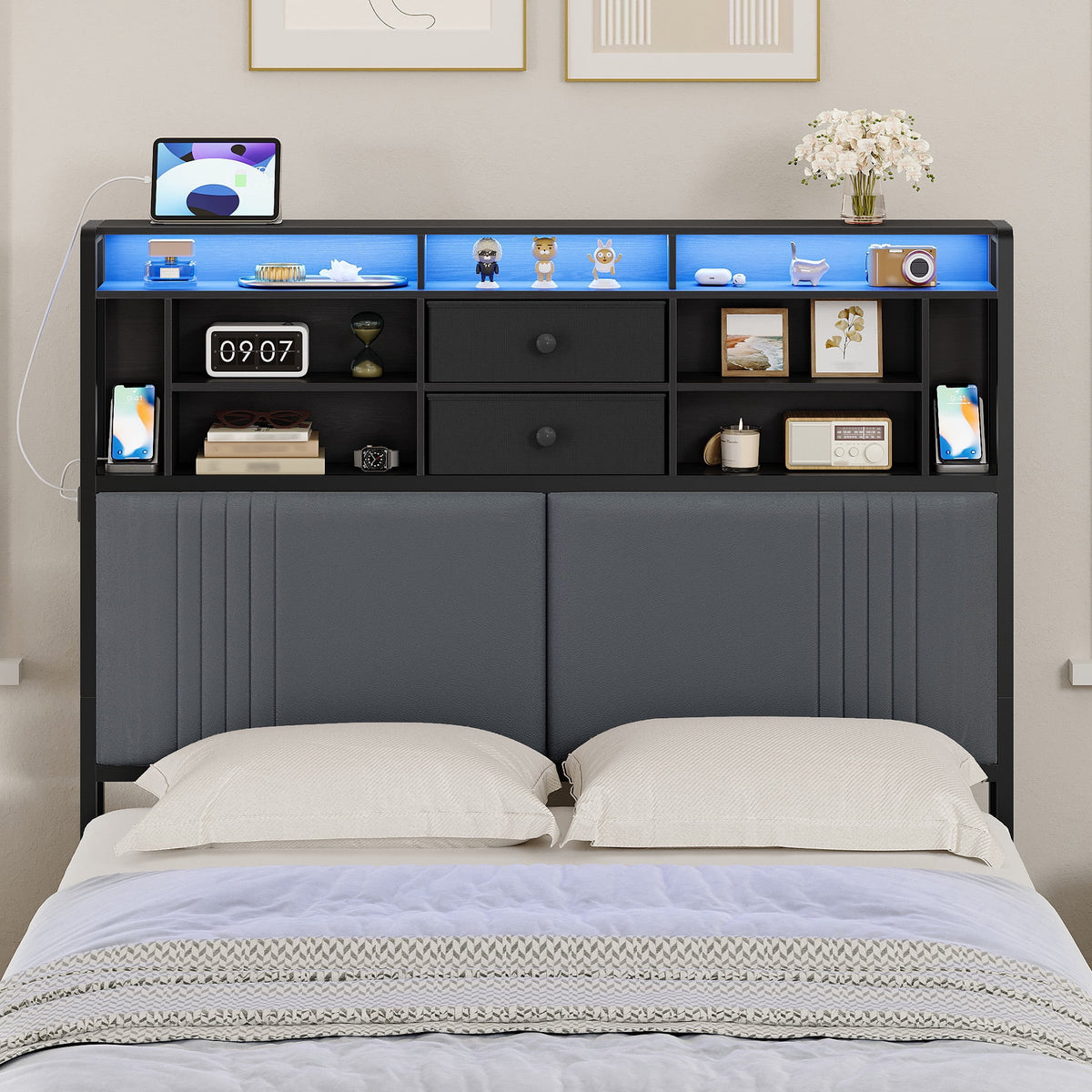Headboard with 3-Tier Storage Shelves, Velvet Upholstered Headboard with Outlet, 2 USB Ports & LED Light, Headboards Full Size Bed with Two Fabric Drawers, Black and Dark Gray