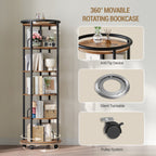 Rotating Bookshelf, 360° Spinning Bookshelf Tower, Display Revolving Bookcase, Round Book Shelf, Narrow Swivel Bookshelves for Small Space, Bedroom, Living Room, 6-Tier Rustic Brown