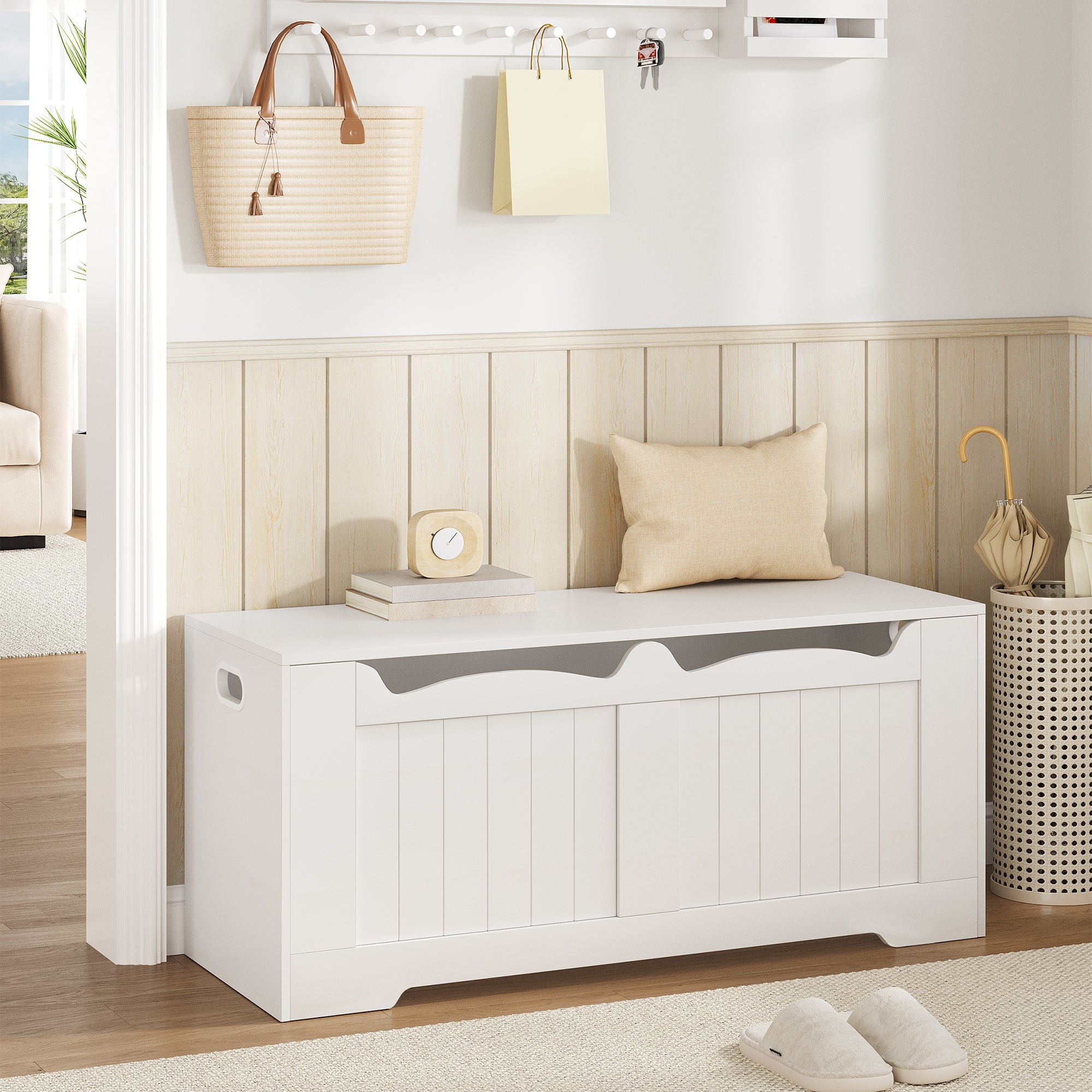 Hzuaneri Shoe Bench Storage Box, White, 40 x 110 x 48 cm SB25503X Shoe Bench with 2 Stable Hinges for Entrance, Bedroom, Living Room
