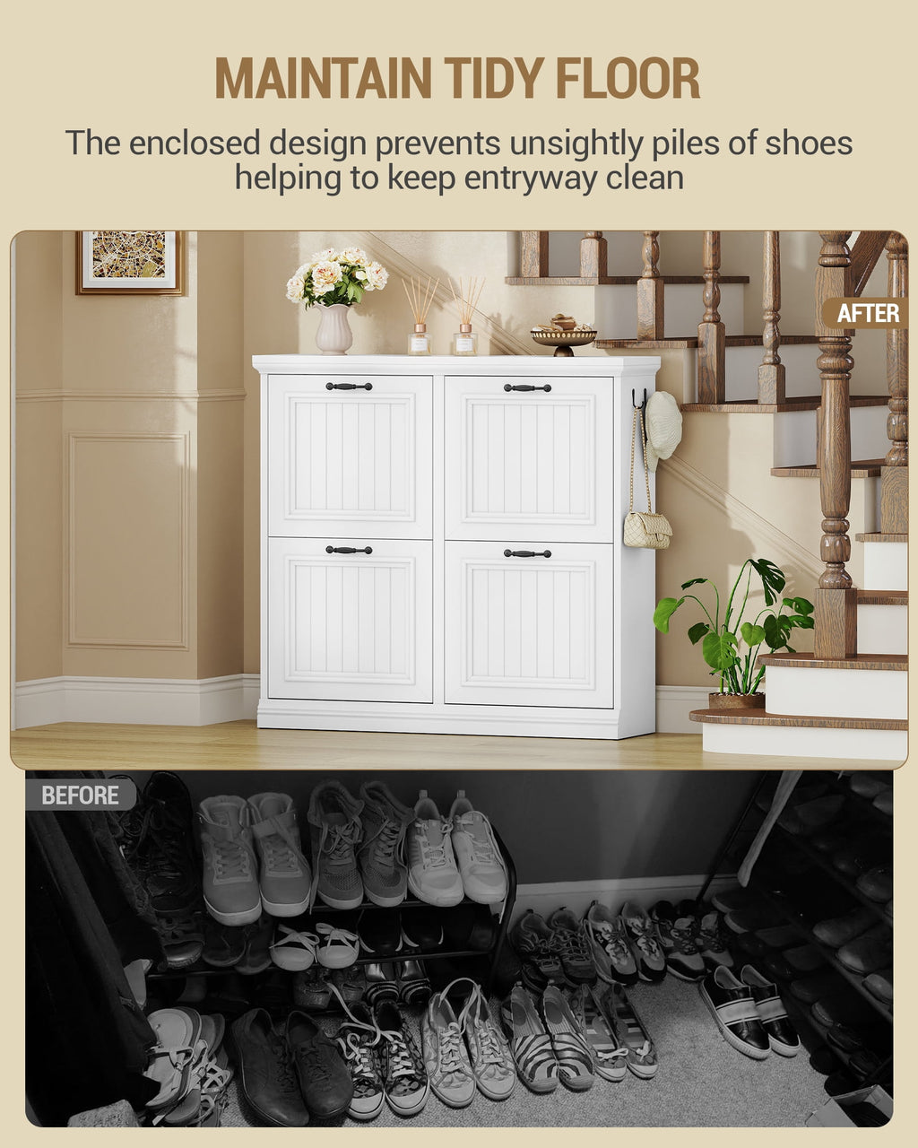 Hzuaneri 36.2" Tall Narrow Shoe Organizer, Freestanding Wooden Hidden Shoe Cabinet with 4 Flip Drawers & Adjustable Shelves, Multi-Purpose Storage Furniture for Entryway Hallway, White