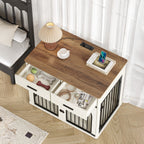 Hzuaneri 43.3'' Dog Crate Furniture for Large Dog, Indoor Dog Kennel with 2 Storage Drawers, Charging Station, Wooden Dog Cage End Table Kennel, White Brown