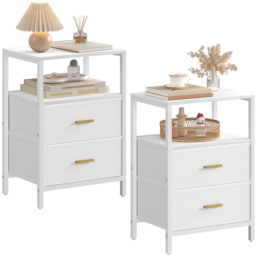Hzuaneri Bedside Table Set of 2 with 2 Fabric Drawers & Shelf, Nightstand for Bedroom and Living Room, White