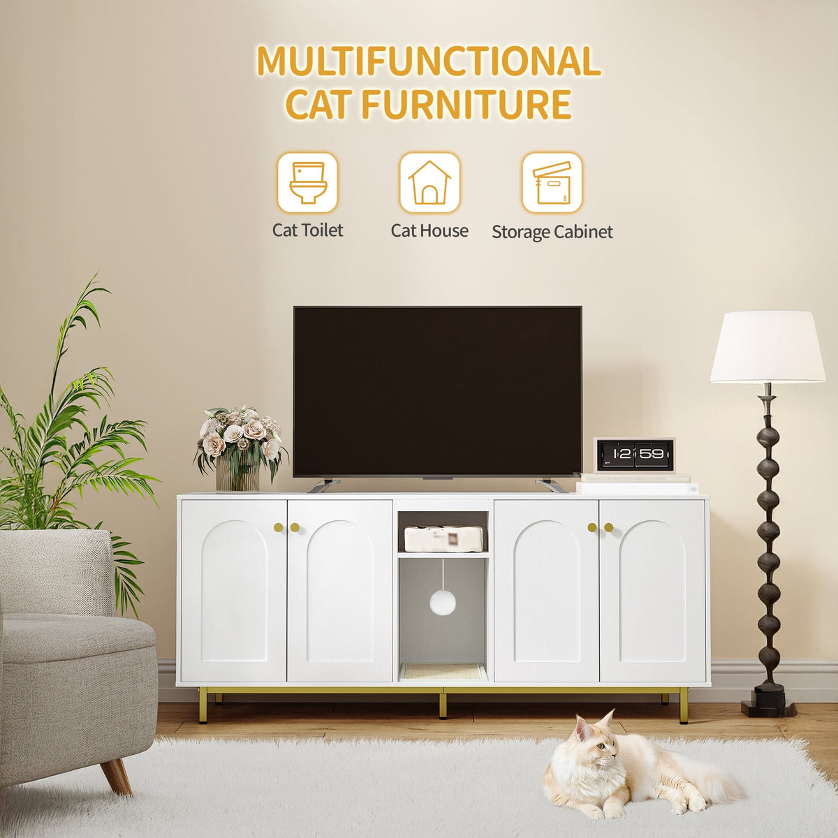 Hzuaneri Cat Litter Box Enclosure for 2 Cats, 55" Hidden Litter Boxes with Double Room, Storage, Plush Ball, Wooden Cat Washroom Furniture, White Gold