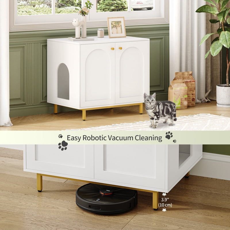 Hzuaneri Hidden Cat Litter Box Enclosure, 31.5" Wooden Indoor Cat House, Litter Box Furniture Cabinet for Self-Cleaning Litter Boxes, White Gold