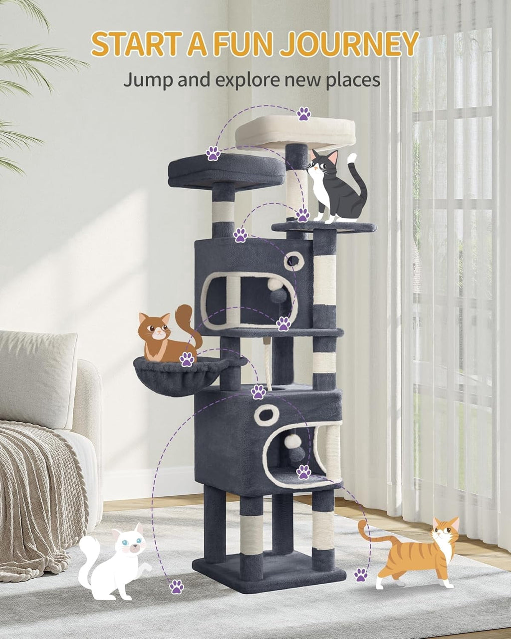 Cat Tree, 62.6‑Inch Tall Multi‑Level Cat Tower for Indoor Cats with Scratching Posts, Platforms, Cat Caves and Basket, Dark Gray