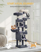 Cat Tree, 62.6‑Inch Tall Multi‑Level Cat Tower for Indoor Cats with Scratching Posts, Platforms, Cat Caves and Basket, Dark Gray
