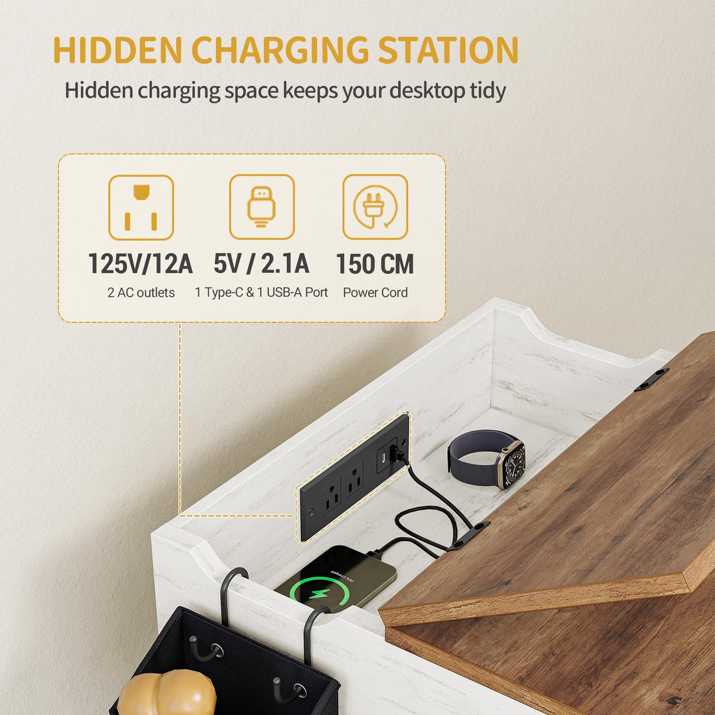 24.6" Wooden Dog Crate Furniture with charging station,small dogs,White Brown