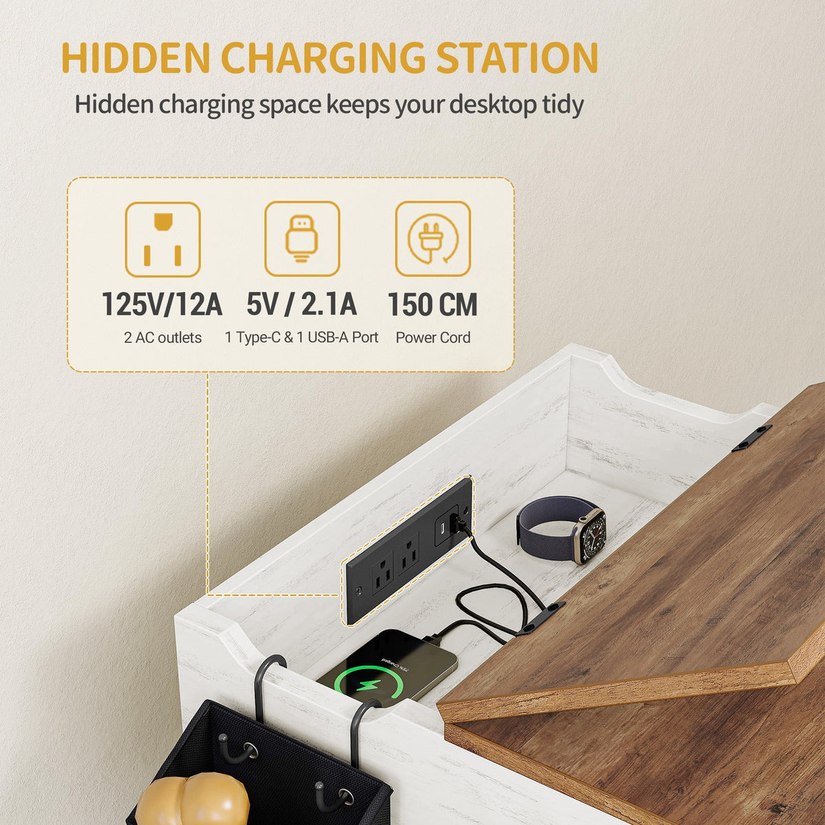 24.6" Wooden Dog Crate Furniture with charging station,small dogs,White Brown