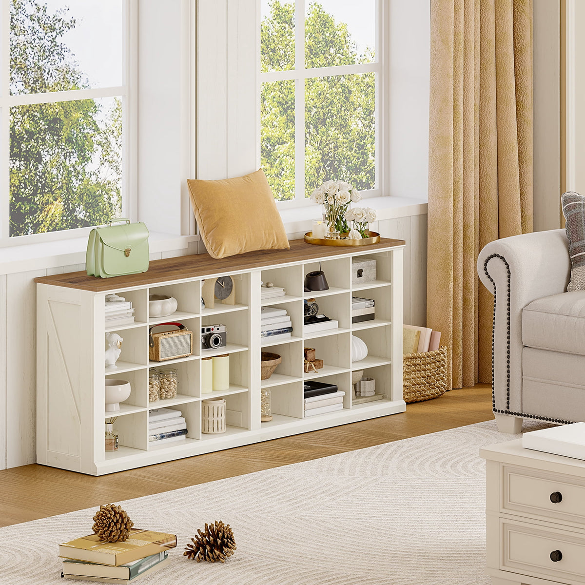 Hzuaneri Shoe Storage Bench, 59"W Farmhouse Widened Wooden Entryway Cubby Organizer with Compartments for Cloakroom & Entryway, Antique White