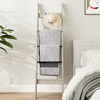 Hzuaneri Blanket Ladder for Living Room, 5-Tier Farmhouse Ladder Holder with 4 Hooks, 5ft 3 inch Rustic Decorative Farmhouse Blanket Holder Rack Easy Assembly - Greige