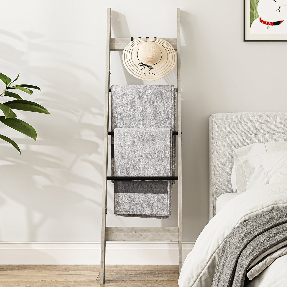 Hzuaneri Blanket Ladder for Living Room, 5-Tier Farmhouse Ladder Holder with 4 Hooks, 5ft 3 inch Rustic Decorative Farmhouse Blanket Holder Rack Easy Assembly - Greige