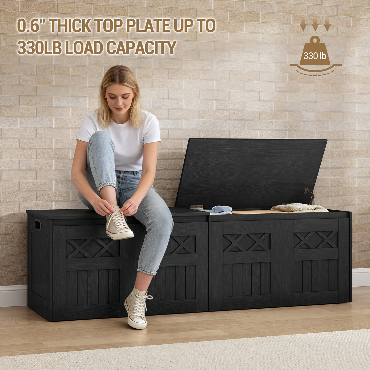 59"wooden storage bench with,multi-use for entryway,bedroom,Black
