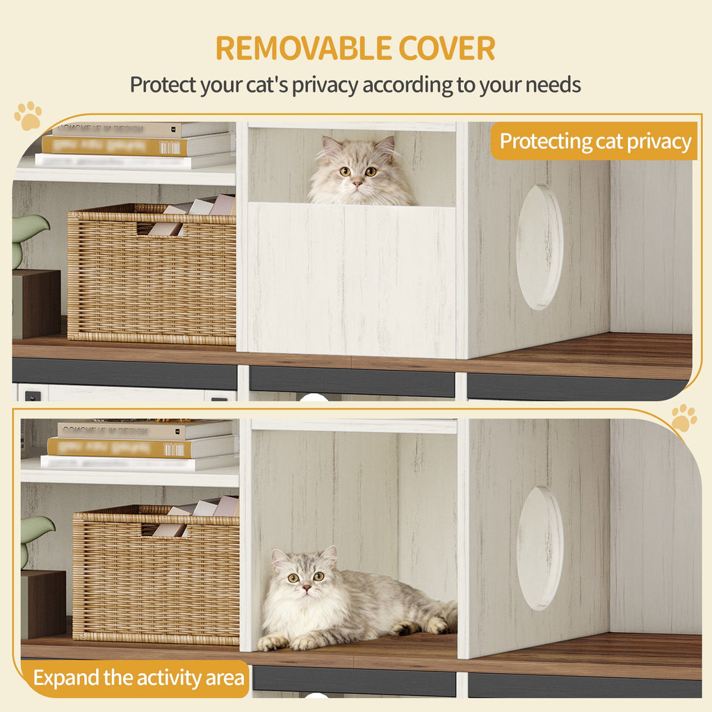 Double Cat Litter Box Enclosure with Storage, Hidden Cabinet for 2 Cats, Rustic Brown and White