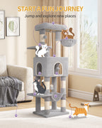 Cat Tree, 58.7‑Inch Tall Multi‑Level Cat Tower for Indoor Cats with Scratching Posts, Hammock and Cat Cave, Light Gray