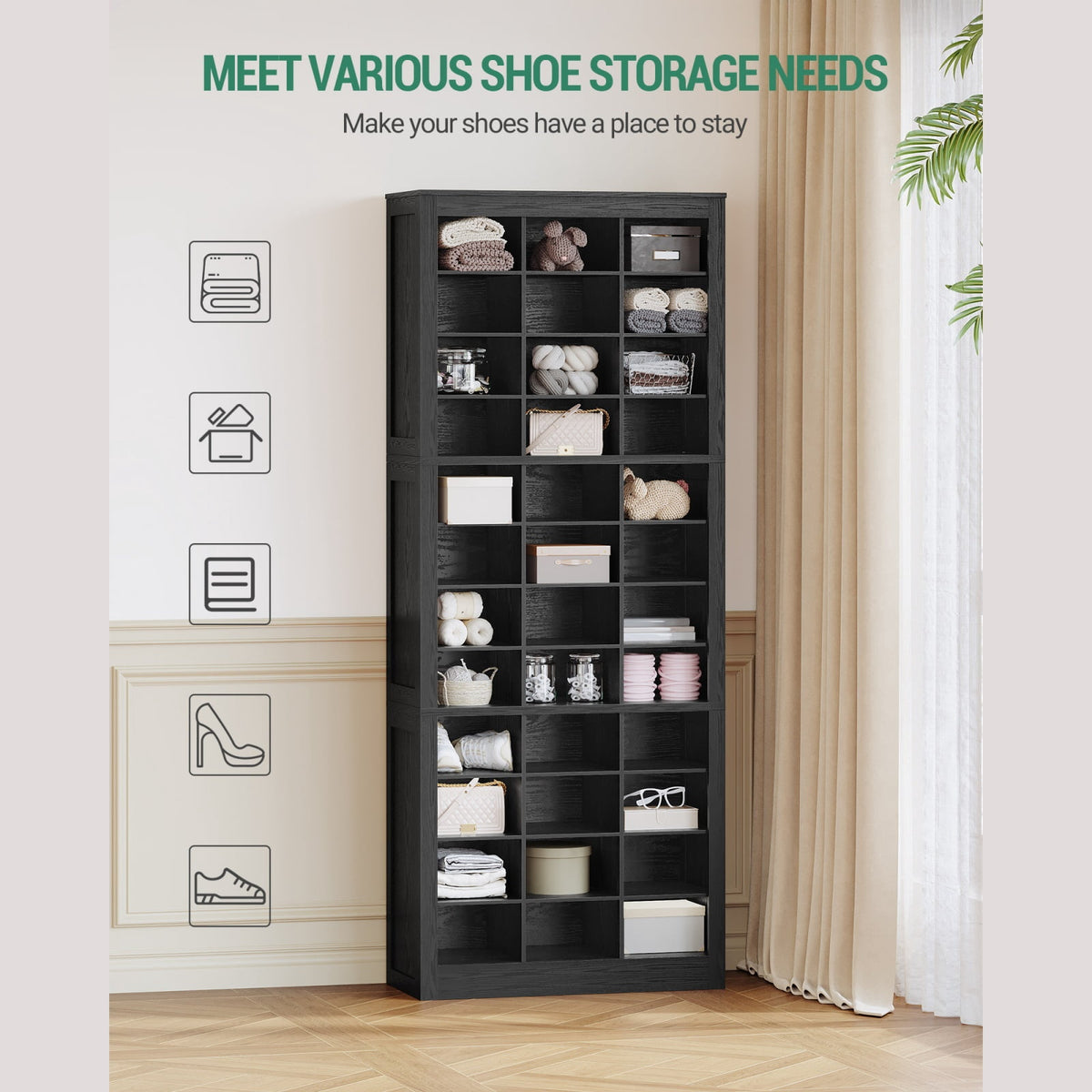 Hzuaneri 12-Tier Shoe Storage Cabinet, Wooden Tall Shoe Rack Organizer, Holds Up to 36 Pairs of Shoes, Shoe Storage Organizer for Closet, Entryway, Dorm, Bedroom, Black