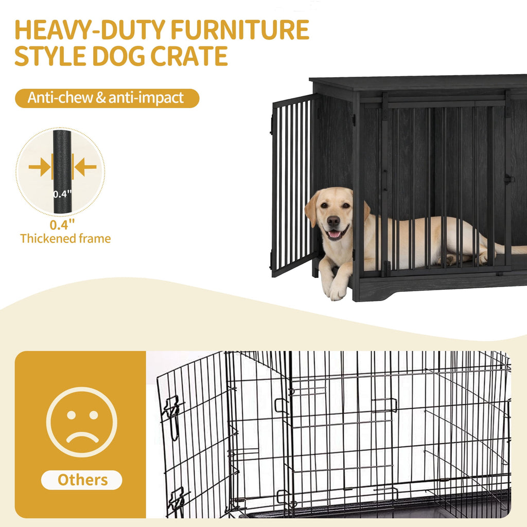 Hzuaneri Dog Crate Furniture with Barn Door, 43.3" Wood Heavy Duty Dog Crate Kennel for Medium/Large Dogs, End Side Table, Farmhouse Style, Black