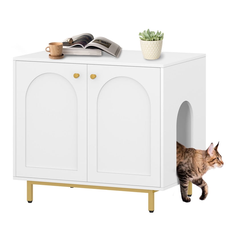 Hzuaneri Hidden Cat Litter Box Enclosure, 31.5" Wooden Indoor Cat House, Litter Box Furniture Cabinet for Self-Cleaning Litter Boxes, White Gold