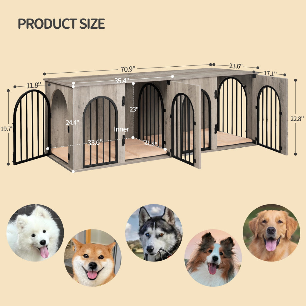 Hzuaneri 71" Dog Crate Furniture for 2 Dogs, Heavy Duty Wooden Kennel for Medium Large Dogs with Divider,Greige Black