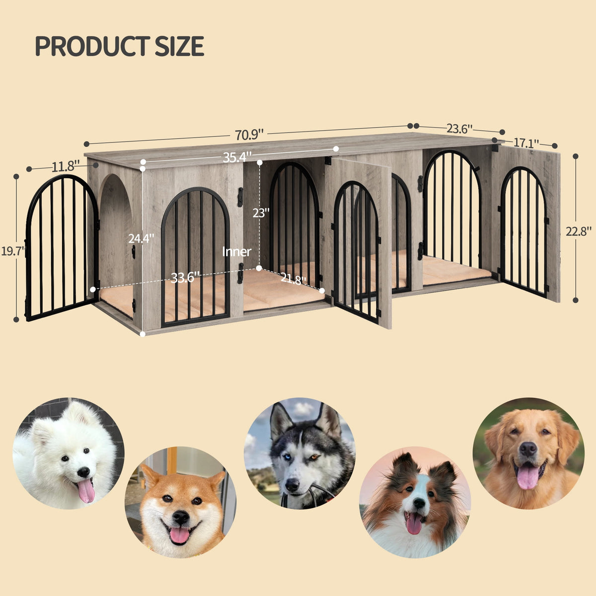 Hzuaneri 71" Dog Crate Furniture for 2 Dogs, Heavy Duty Wooden Kennel for Medium Large Dogs with Divider,Greige Black
