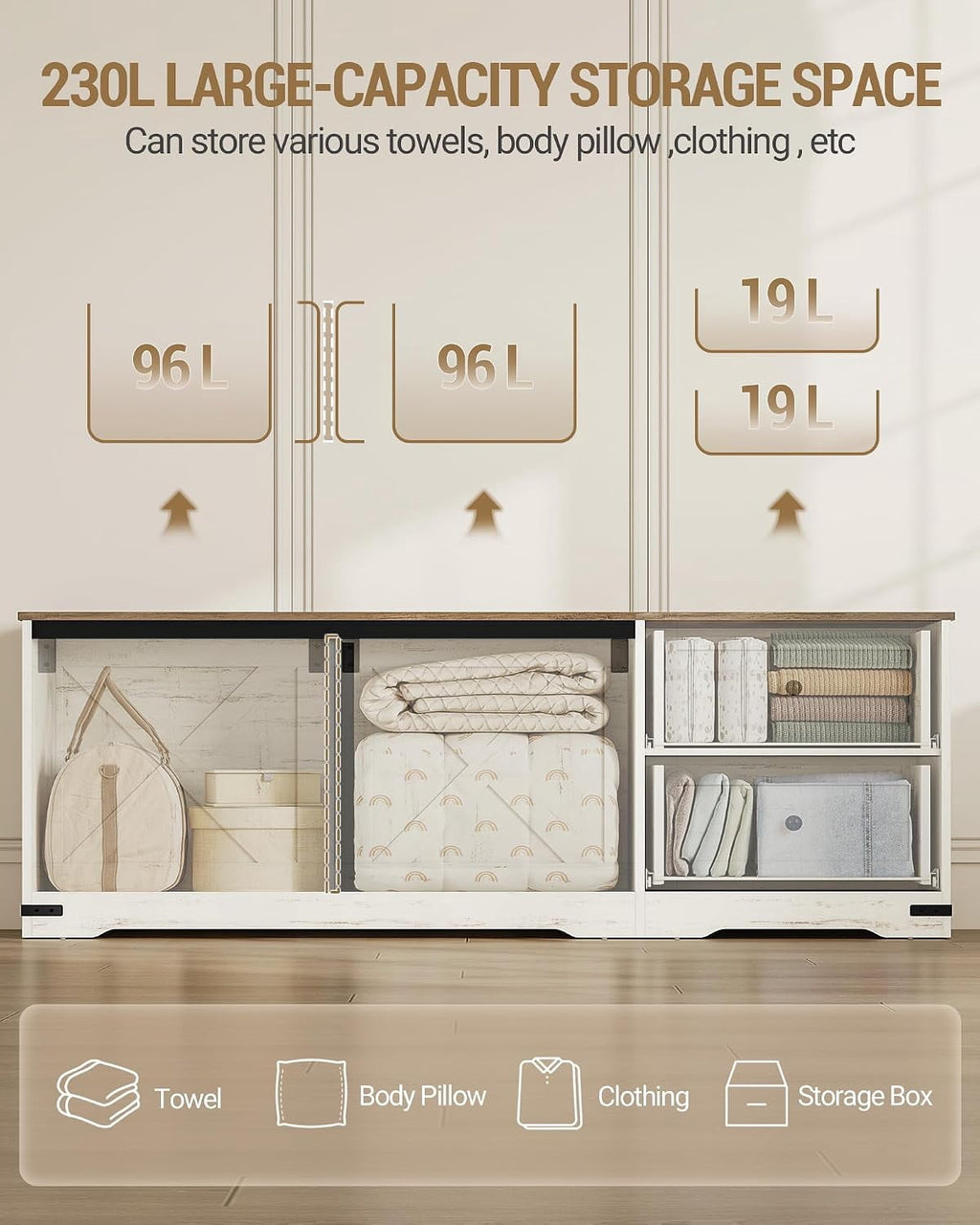 Storage Bench 58" with Double Drawers, Farmhouse Storage Trunk for Entryway and Bedroom, Antique White