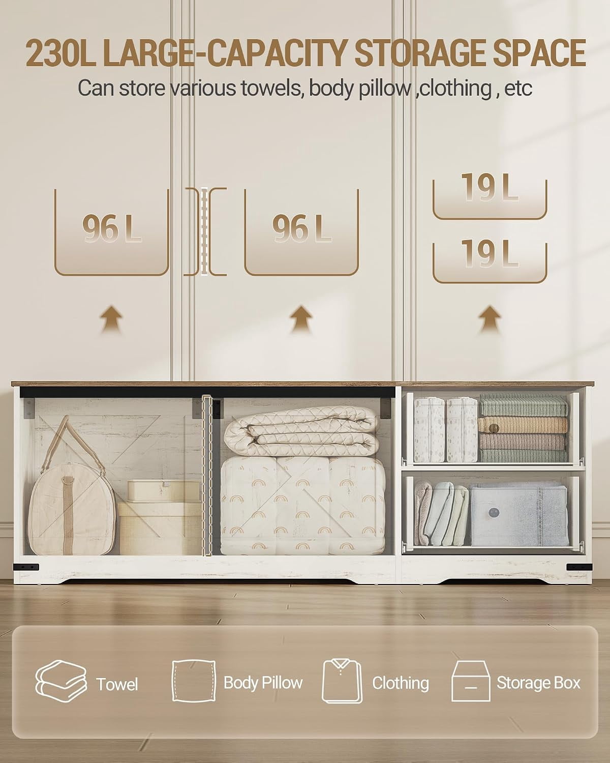 Storage Bench 58" with Double Drawers, Farmhouse Storage Trunk for Entryway and Bedroom, Antique White