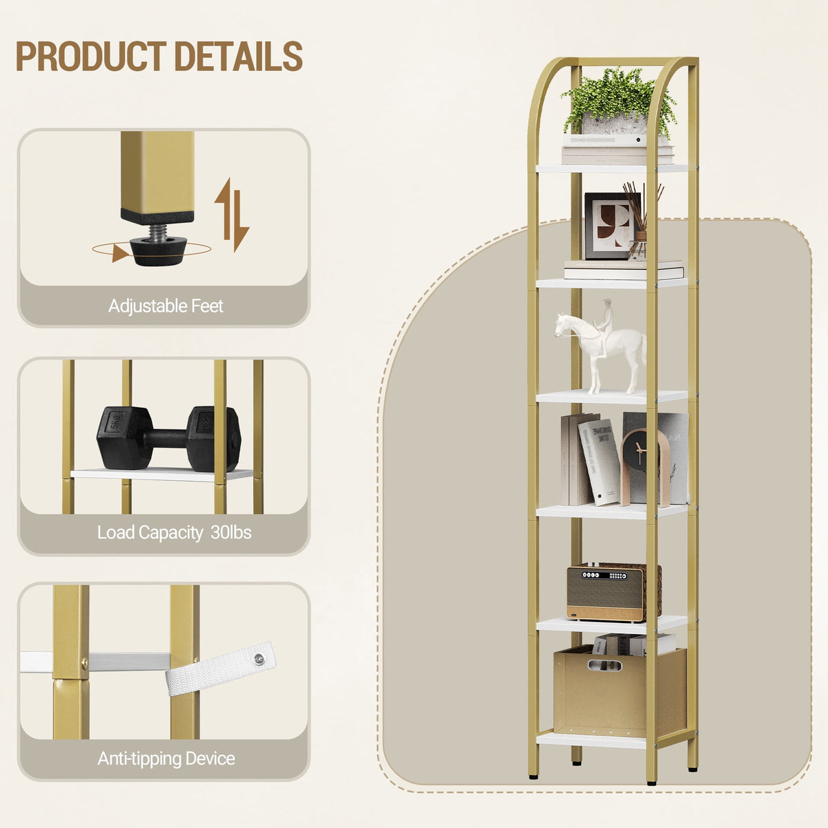 Hzuaneri Bookshelf Bookcase Narrow Bookcase Shelf Organizer with Steel Frame for Study Living Room Bedroom Kitchen Home Office Industrial Bookshelf 6-Tier White Gold