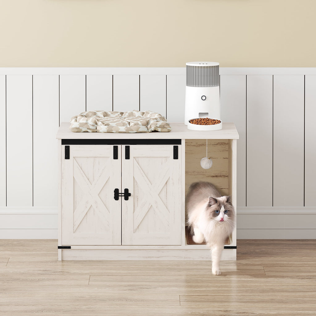 Hzuaneri 31.5" Cat Litter Box Enclosure, Hidden Cabinet Furniture with Bell for Indoor Cat, Farmhouse Style, White