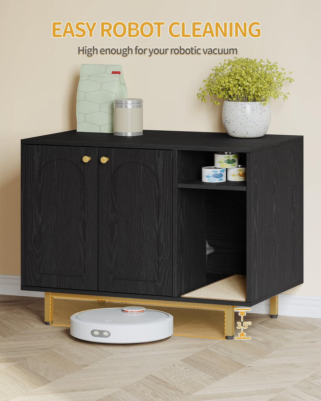 Cat Litter Box Enclosure 39.4" with Storage, Wooden Cabinet with Sisal Mat for Living Room, Black and Gold