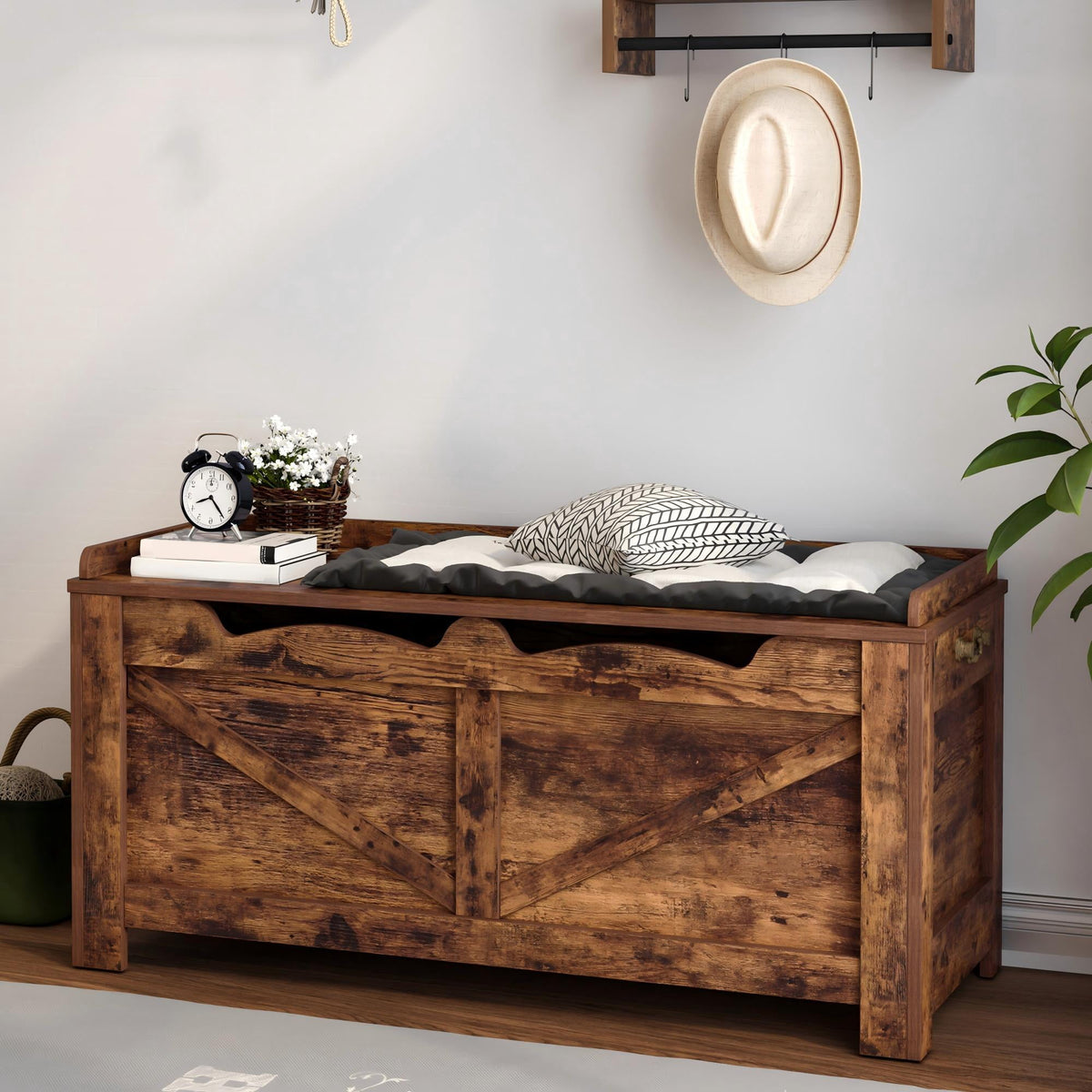 39.4 Inches Storage Chest, Storage Bench with Safety Hinge, Supports 330 lb and Easy Assembly, 50 Gal Toy Trunk for Entryway, Bedroom, Living Room, Rustic Brown
