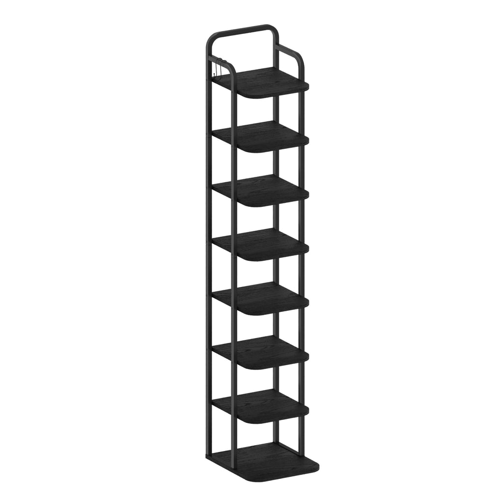 Hzuaneri Vertical Shoe Rack, 8-Tier Narrow Shoe Shelf, Shoe Tower with 2 Hooks, for Small Space, Closet, Entryway, Hallway, Bedroom, Black