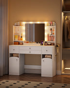 Hzuaneri White Makeup Vanity Desk, 42.5"W Makeup Vanity Table with Led Mirror, 4 Drawers, 2 Open Storage Cabinets, Jewelry Storage, Makeup Desk for Bedroom, Bathroom