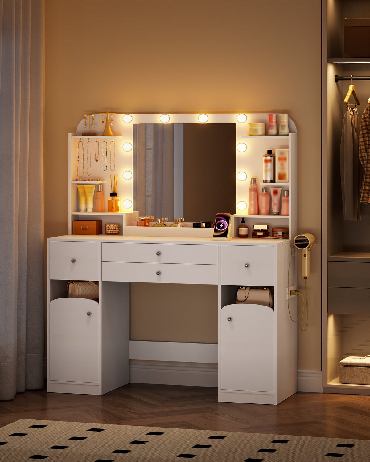 Hzuaneri White Makeup Vanity Desk, 42.5"W Makeup Vanity Table with Led Mirror, 4 Drawers, 2 Open Storage Cabinets, Jewelry Storage, Makeup Desk for Bedroom, Bathroom