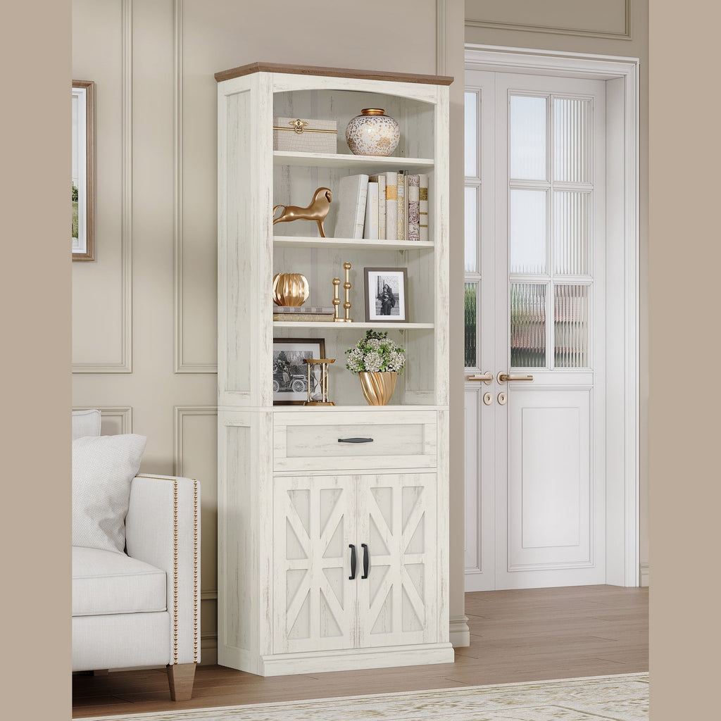 Hzuaneri 70.9" H Tall Bookshelf with a Drawer, 7 Tier Freestanding Bookcase with Storage Cabinet and 2 Doors, Adjustable Shelves, for Home Office, Living Room, White and Brown