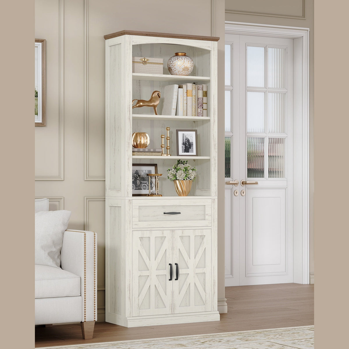 Hzuaneri 70.9" H Tall Bookshelf with a Drawer, 7 Tier Freestanding Bookcase with Storage Cabinet and 2 Doors, Adjustable Shelves, for Home Office, Living Room, White and Brown