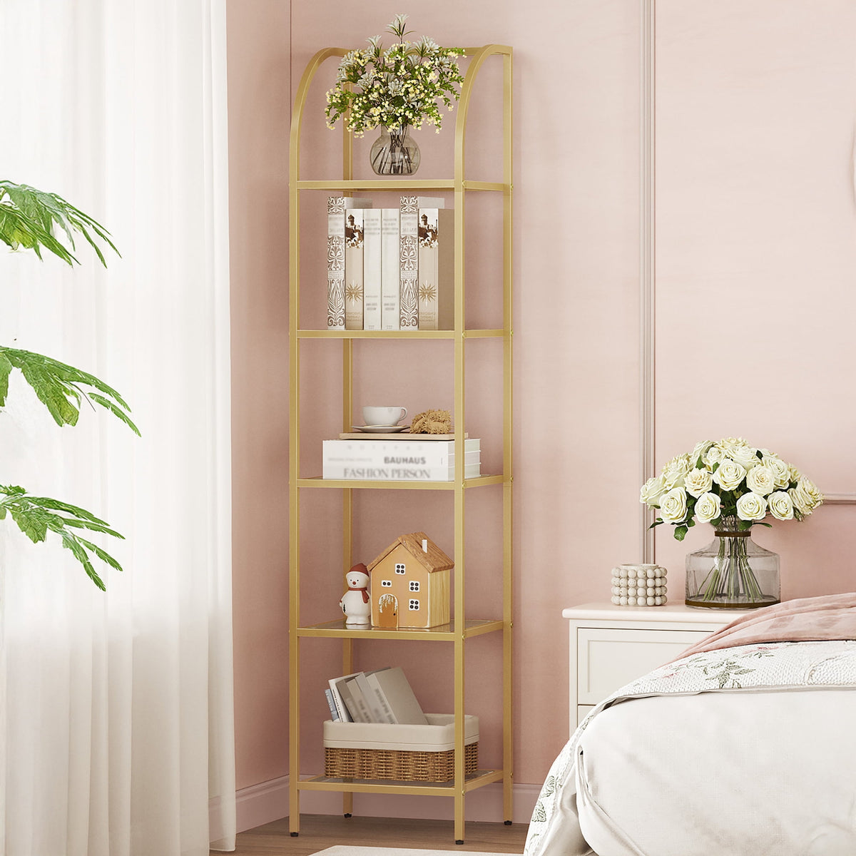 Hzuaneri 5-Tier Tall Bookshelf, Arched Bookcase with Tempered Glass Shelves, Modern Arched Display Racks for Bedroom, Bathroom, Home Office, Steel Frame, Gold, 11.8"D x 13.7"W x 59"H