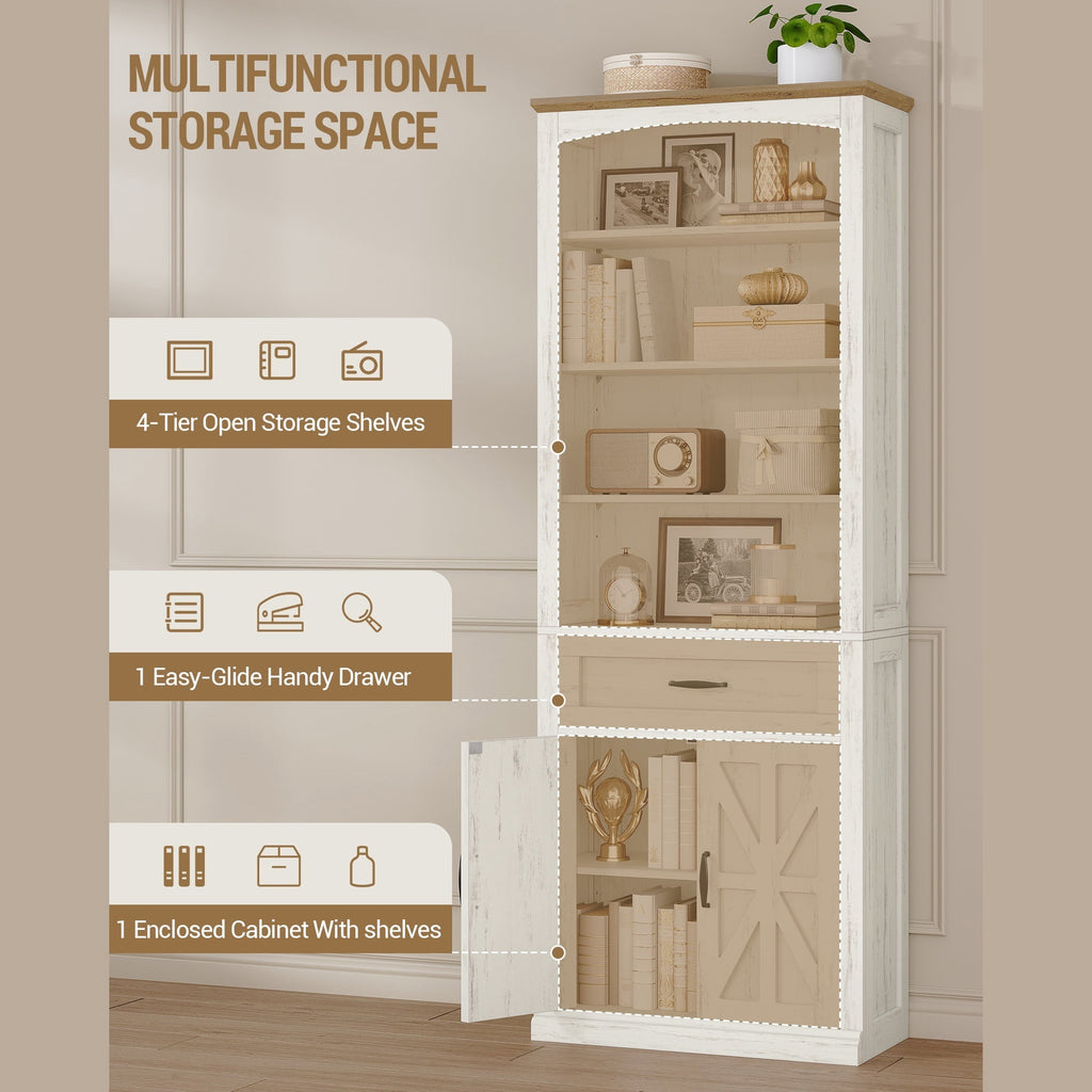 Hzuaneri 70.9" H Tall Bookshelf with a Drawer, 7 Tier Freestanding Bookcase with Storage Cabinet and 2 Doors, Adjustable Shelves, for Home Office, Living Room, White and Brown